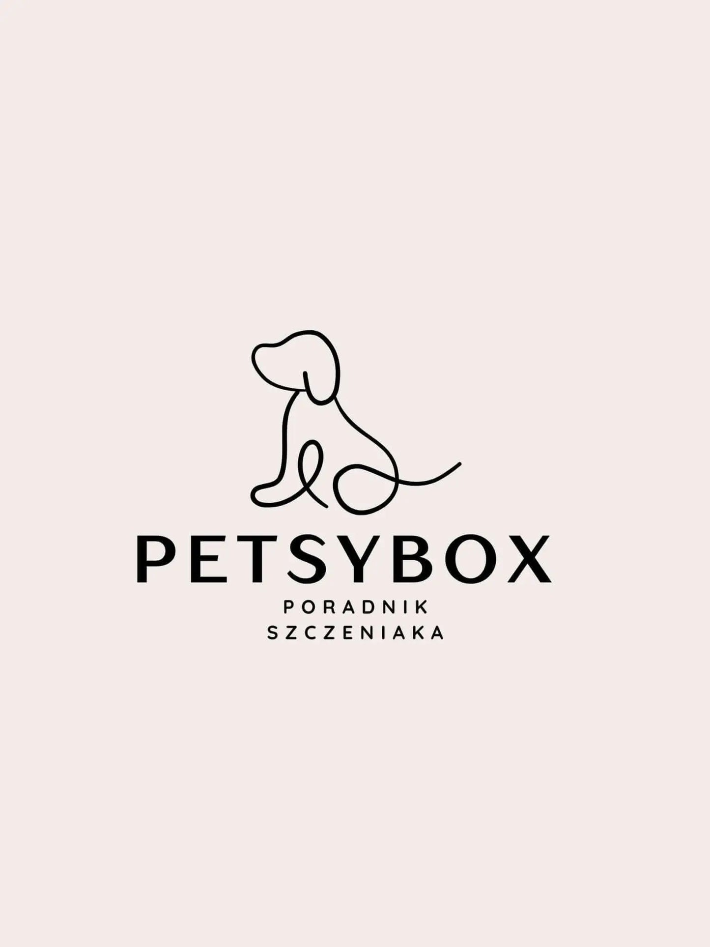 Logo Petsybox z minimalistycznym zarysem psa i napisem "Poradnik Szczeniaka" na beżowym tle.