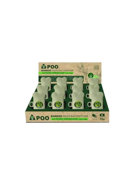 Dyspenser POO Bamboo z woreczkami, opakowanie na wystawie, ekologiczny design z naturalnego bambusa, idealny na spacery z pupilem.