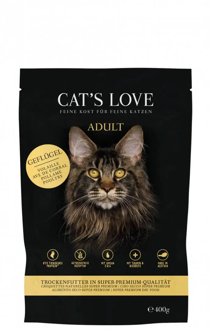 Opakowanie karmy CAT'S LOVE Geflugel z wizerunkiem kota, informacja o wysokiej jakości i zawartości 54% drobiu. Dla dorosłych kotów.