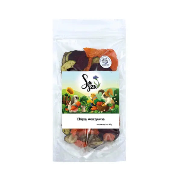 Przezroczysta torebka z chipsami warzywnymi, brązowe, pomarańczowe i zielone składniki. Etykieta z napisem "Chipsy warzywne". Masa netto: 50g.