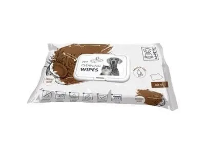 Opakowanie chusteczek kokosowych do pielęgnacji zwierząt z rysunkiem psa, symbolami zastosowania, napisem "Pet Cleaning Wipes".