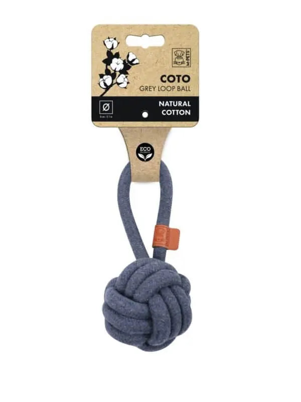 Coto Loop Ball 8 cm - szara piłka dla psów z naturalnej bawełny, w opakowaniu, z uchwytem do gryzienia i zabawy, trwała i bezpieczna.
