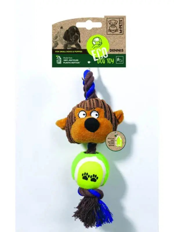 Zabawka Eco Dennis M-Pets wykonana z recyklingowanego plastiku, z piszczącą piłką i maskotką w kształcie zwierzątka na sznurze.
