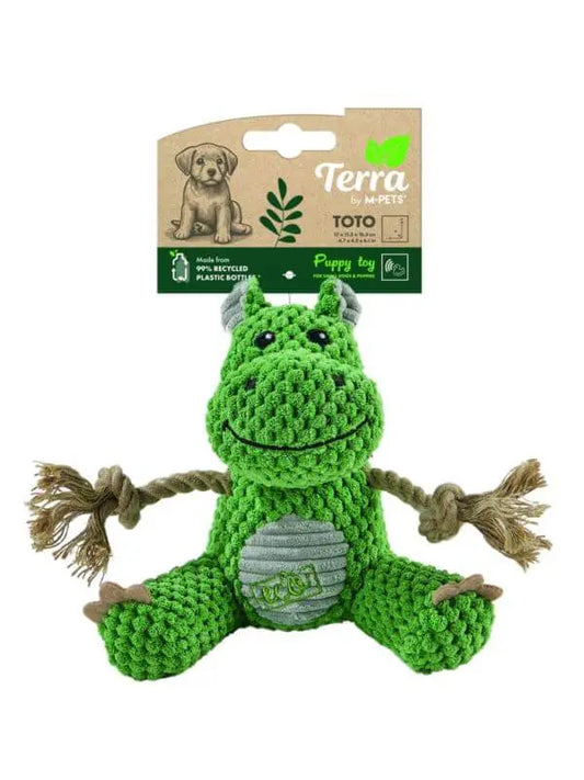 Zabawka dla psa TERRA ECO Puppy - Toto w kształcie zielonego smoka z szarymi elementami, wykonana z materiałów z recyklingu. 17 x 11.5 x 15.5 cm.