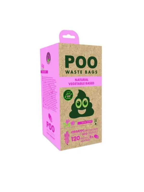Opakowanie woreczków na psie odchody POO, różowe z uśmiechniętą odznaką ekologiczną, tekstem "Natural Vegetable Based".