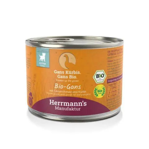 Konserwa Herrmann's Selection Kitten Bio Gans w pomarańczowej puszce, ekologiczna karma dla kociąt z bio gęsiną i dynią, 200g.