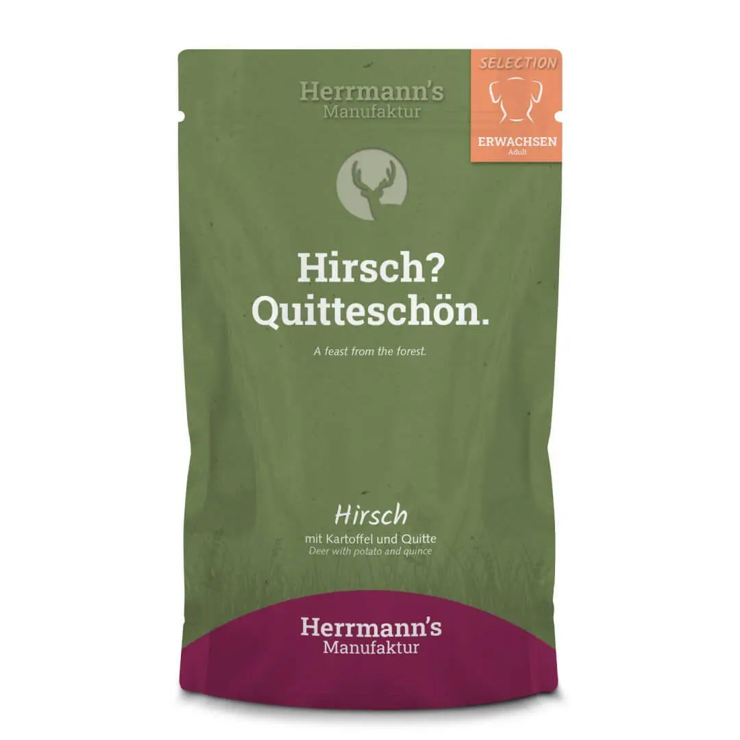 Opakowanie karmy dla psa Herrmann's z jeleniem i pigwą, kolor zielony z białymi napisami, logo Herrmann's u góry, 150g.