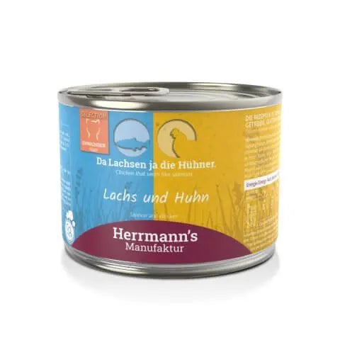 Puszka Herrmann's Selection z łososiem i bio kurczakiem dla kotów, opakowanie 200g, naturalne składniki, dwa źródła białka.