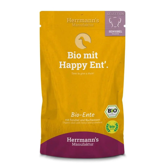 Opakowanie karmy Herrmann's Bio Ente z ekologicznej kaczki, z logotypami certyfikacji bio i etykietą "Selection Sensibel".