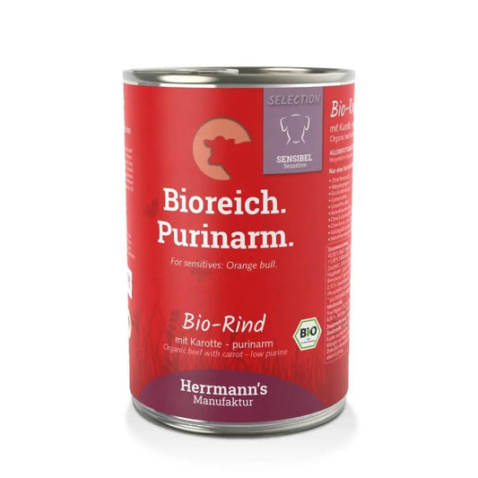 Puszka karmy Herrmann's Selection Bio wołowina z marchewką, czerwona etykieta, niska zawartość puryn, 400g. Produkt ekologiczny dla psów.
