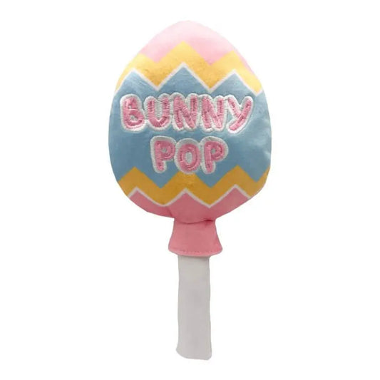 Pluszowy lizak Bunny Pop dla psa z kolorowymi pasami i napisem, wytrzymała zabawka do gryzienia i szarpania.