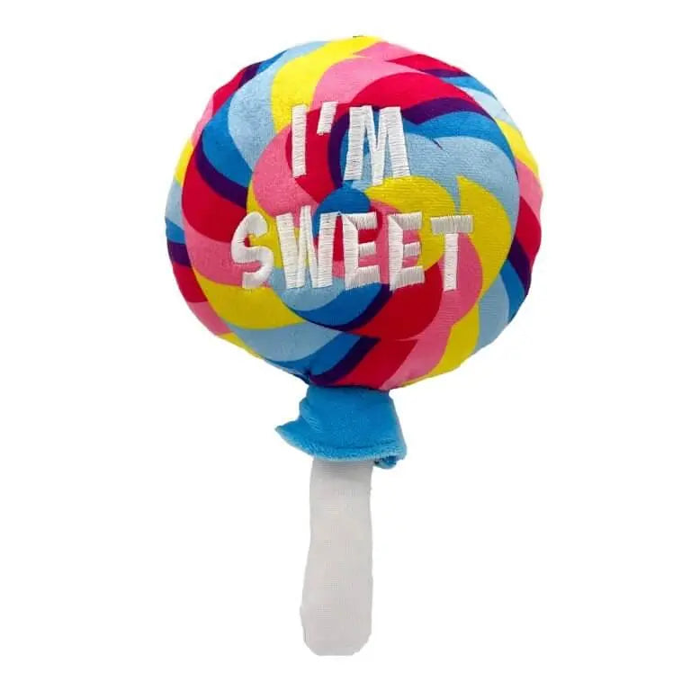 Pluszowy lizak dla psa 'I'M Sweet' z kolorowymi paskami, idealny do zabawy i aportowania, z dodatkową warstwą wzmacniającą.