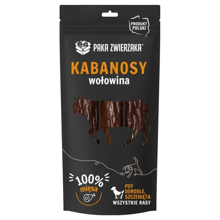 Opakowanie kabanosów wołowych Paka Zwierzaka z wizerunkiem psa, napisem "100% mięsa", na czarnym tle.