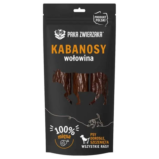 Opakowanie kabanosów wołowych Paka Zwierzaka z wizerunkiem psa, napisem "100% mięsa", na czarnym tle.
