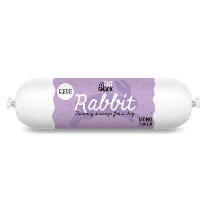 Kiełbaska treningowa Pepe 200g z mięsem królika, opakowanie z napisem Rabbit na fioletowym tle.