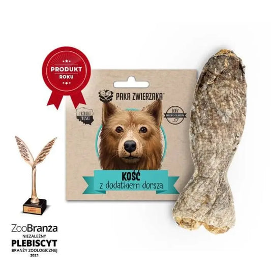 Kość z dorszem dla psa, opakowanie z grafiką psa, gryzak, nagroda Produkt Roku, plebiscyt ZooBranża 2021.