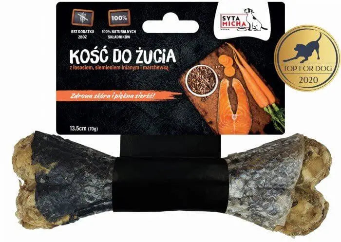 Kość do żucia dla psa z łososiem i marchewką, 13,5 cm, opakowanie nagroda "Top for Dog 2020".