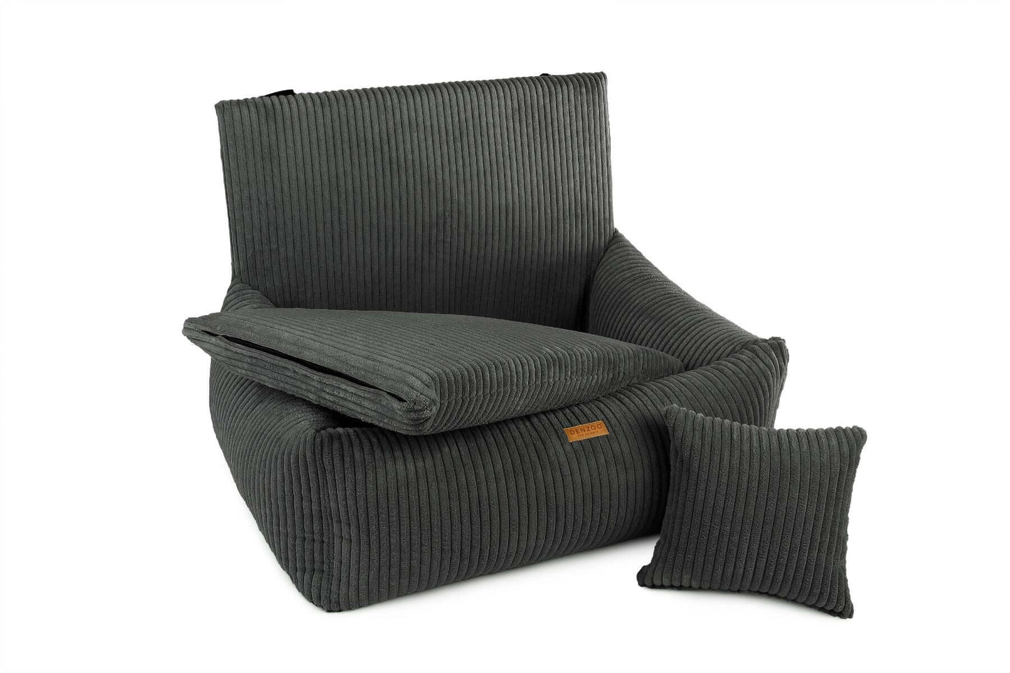 Fotelik samochodowy dla psa MiloVoyage Dark Grey z miękkim materiałem, idealny na podróże, widoczna dodatkowa poduszka.
