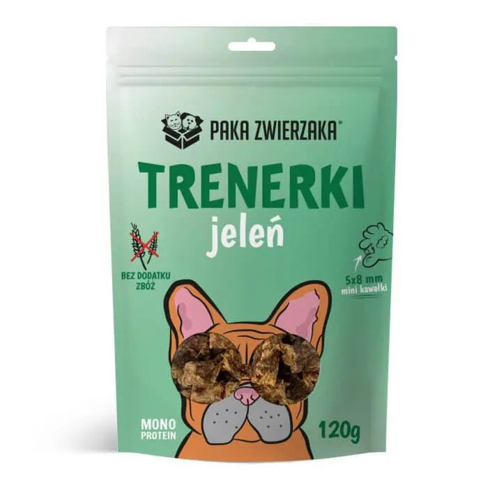 Opakowanie przekąsek "Trenerki Jeleń 120g" z rysunkiem psa i kawałkami mięsa, idealne dla psów o wrażliwym układzie trawiennym.
