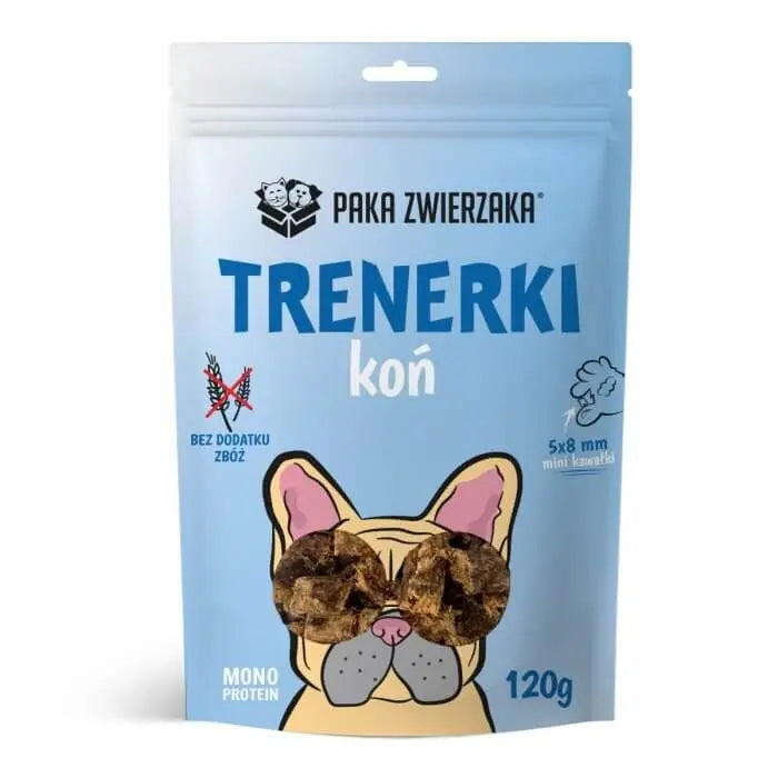 Opakowanie Trenerki Koń 120g z ilustracją psa, bez dodatku zbóż, monobiałkowe przysmaki dla psów, 95% mięsa konia, zdrowa nagroda.