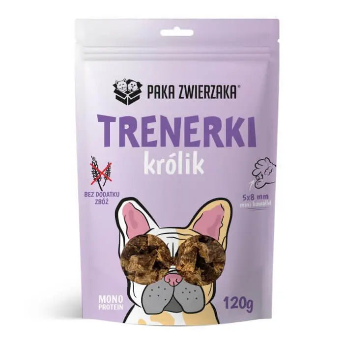 Fioletowe opakowanie Trenerki Królik 120g z grafiką psa, bez dodatku zboż, mięso królika, trenerki dla psów, Paka Zwierzaka.