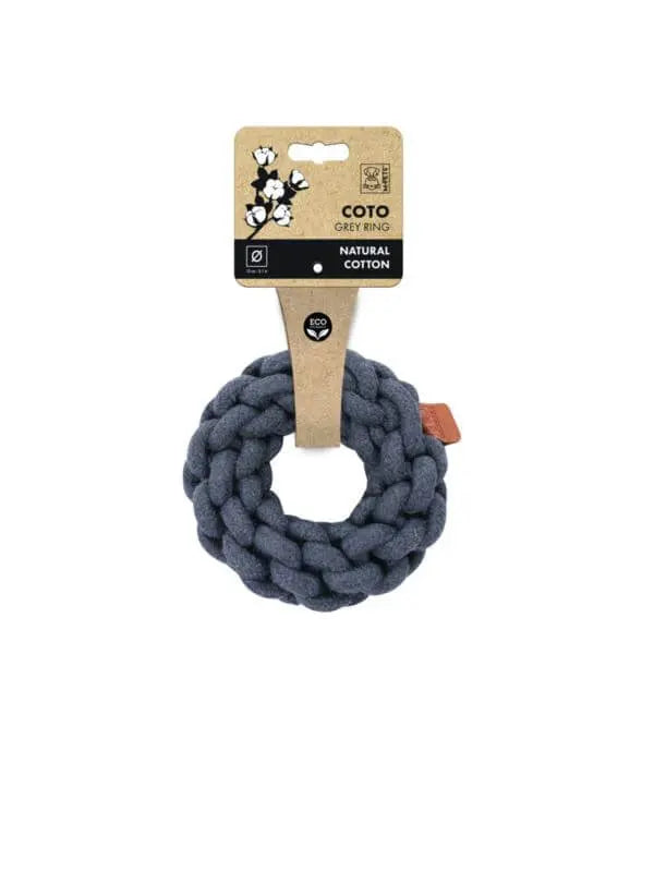 Coto Ring dla psów 13 cm w kolorze szarym, wykonany z naturalnej bawełny, zapakowany z etykietą; solidna ekologiczna zabawka.
