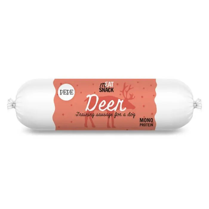 Kiełbaska treningowa Pepe Deer 200g, czerwona etykieta z ilustracją jelenia i napisami, opakowanie białe.