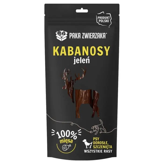 Opakowanie kabanosów z jelenia Paka Zwierzaka, naturalna przekąska dla psów, czarne tło, ikonki mięsa, dla wszystkich ras psów.