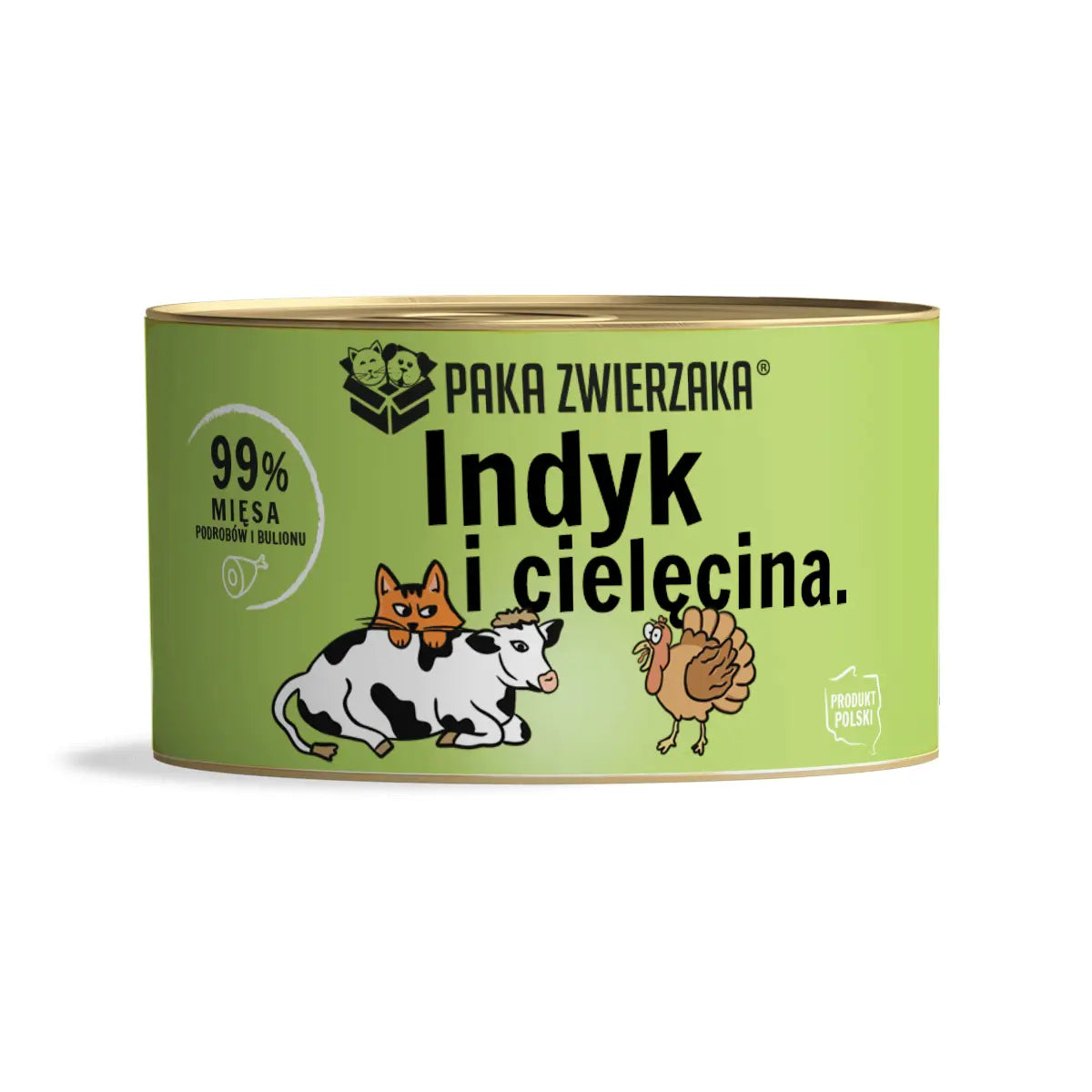 Puszka karmy Paka Zwierzaka Indyk z cielęciną 200g na zielonym tle z grafiką kota, krowy i indyka, 99% mięsa.