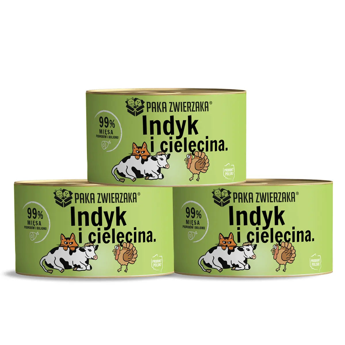 Trzy puszki karmy mokrej Paka Zwierzaka Indyk i cielęcina 200g, zielone opakowanie z grafiką kota i psa, zawiera 99% mięsa.