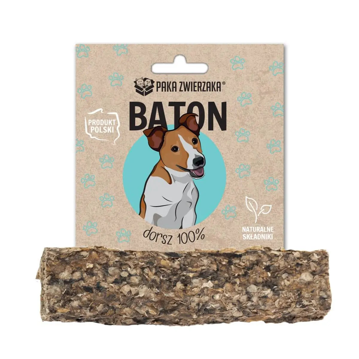 Opakowanie Paka Zwierzaka z batonem z dorsza. Widoczny rysunek psa oraz napisy 'dorsz 100%', 'produkt polski', 'naturalne składniki'.