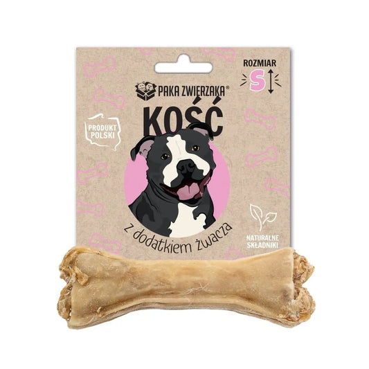 Kość z dodatkiem żwacza S, zapakowana w opakowanie z grafiką psa, naturalne składniki, rozmiar S, produkt polski.