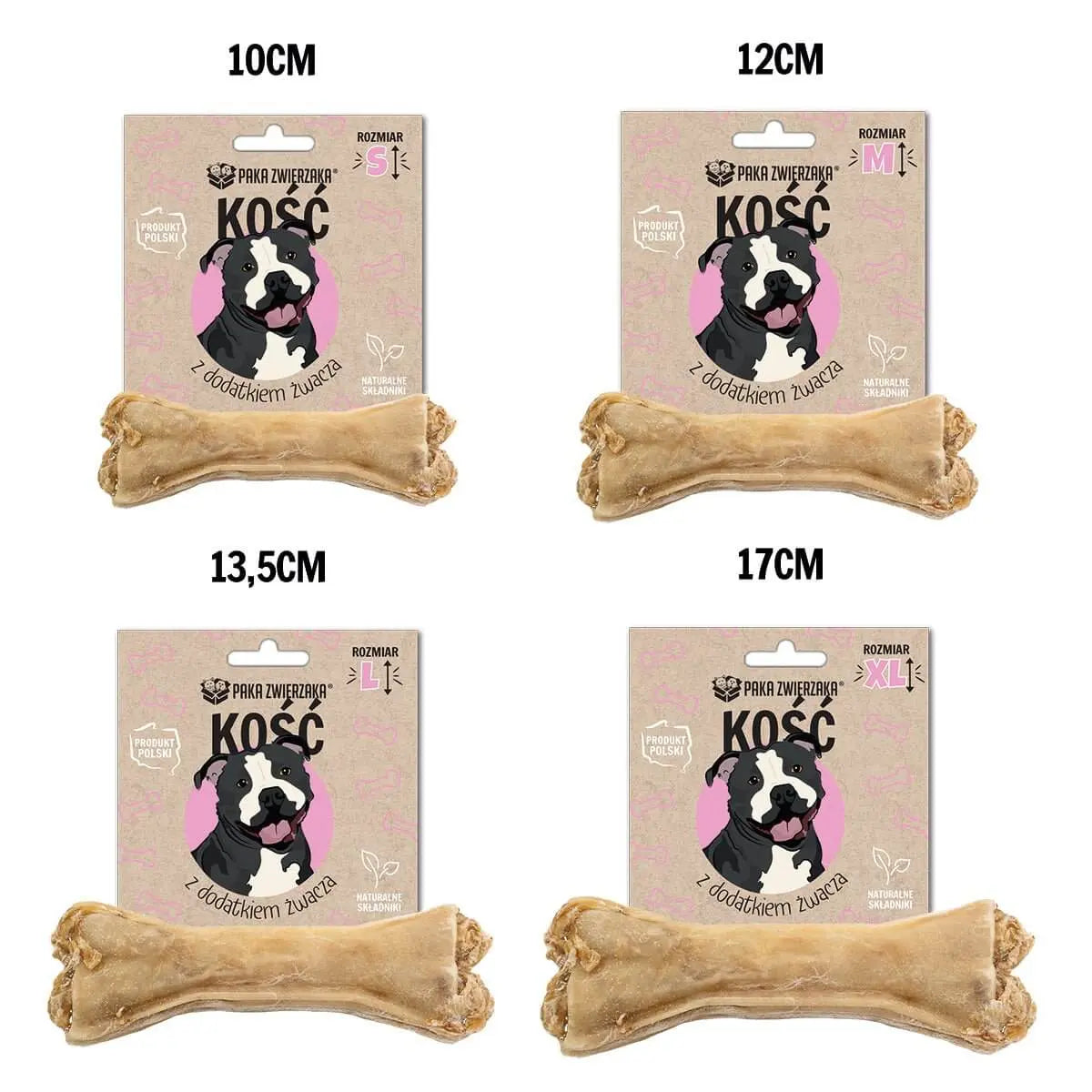 Cztery opakowania kości z dodatkiem żwacza dla psów, różne rozmiary: 10cm, 12cm, 13,5cm, 17cm, z wizerunkiem psa na etykiecie.