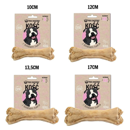 Cztery opakowania kości z dodatkiem żwacza dla psów, różne rozmiary: 10cm, 12cm, 13,5cm, 17cm, z wizerunkiem psa na etykiecie.