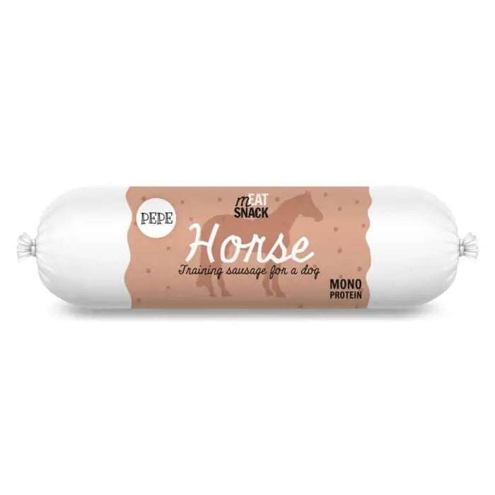 Opakowanie kiełbaski treningowej konina Pepe Horse 200g, napis 'Horse Training Sausage for a Dog' oraz mono protein.