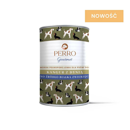 Puszka mokrej karmy dla psów PERRO Gourmet Kangur z dynią 400g, wzór z psami, napis "Nowość".