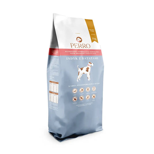 Opakowanie karmy PERRO Indyk z batatami 3kg dla dorosłych psów średnich i dużych ras, bezzbożowa formuła, niebieskie opakowanie.