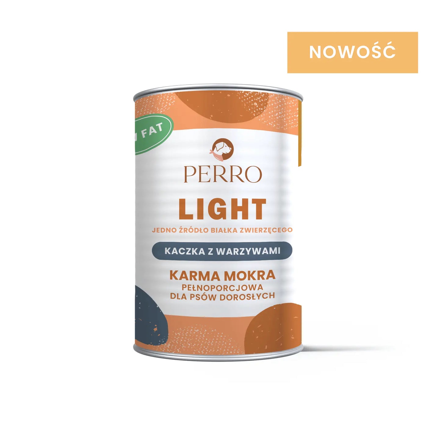 Puszka karmy dla psów PERRO Light z kaczką i warzywami, biała z pomarańczowymi akcentami i napisem 'NOWOŚĆ'.