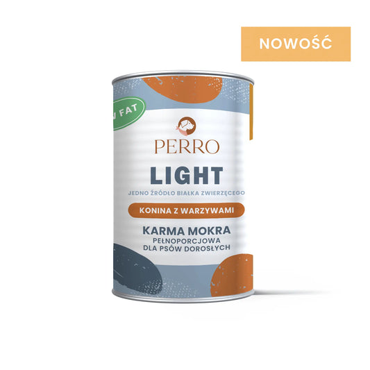 Puszka karmy dla psów PERRO Light z koniną i warzywami, monobiałkowa, nowość, idealna dla psów dorosłych z nadwagą i wrażliwym układem trawiennym.