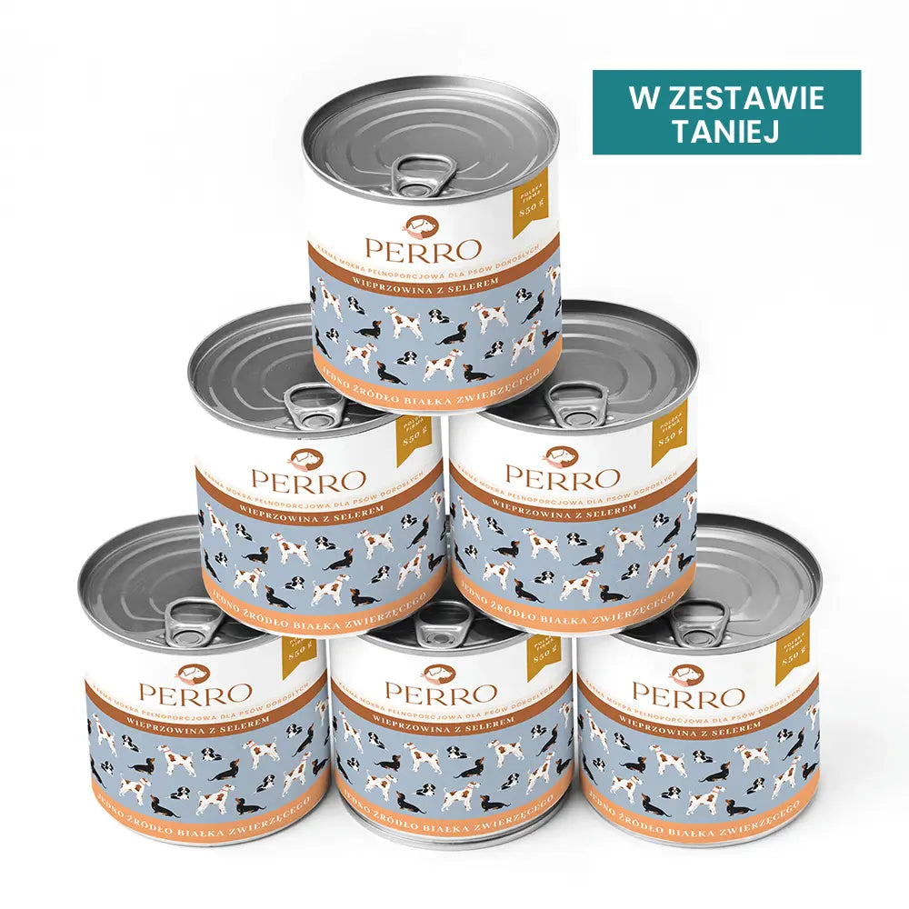 Stosik sześciu puszek karmy PERRO Wieprzowina z selerem dla psów dorosłych, z napisem 'W zestawie taniej'.