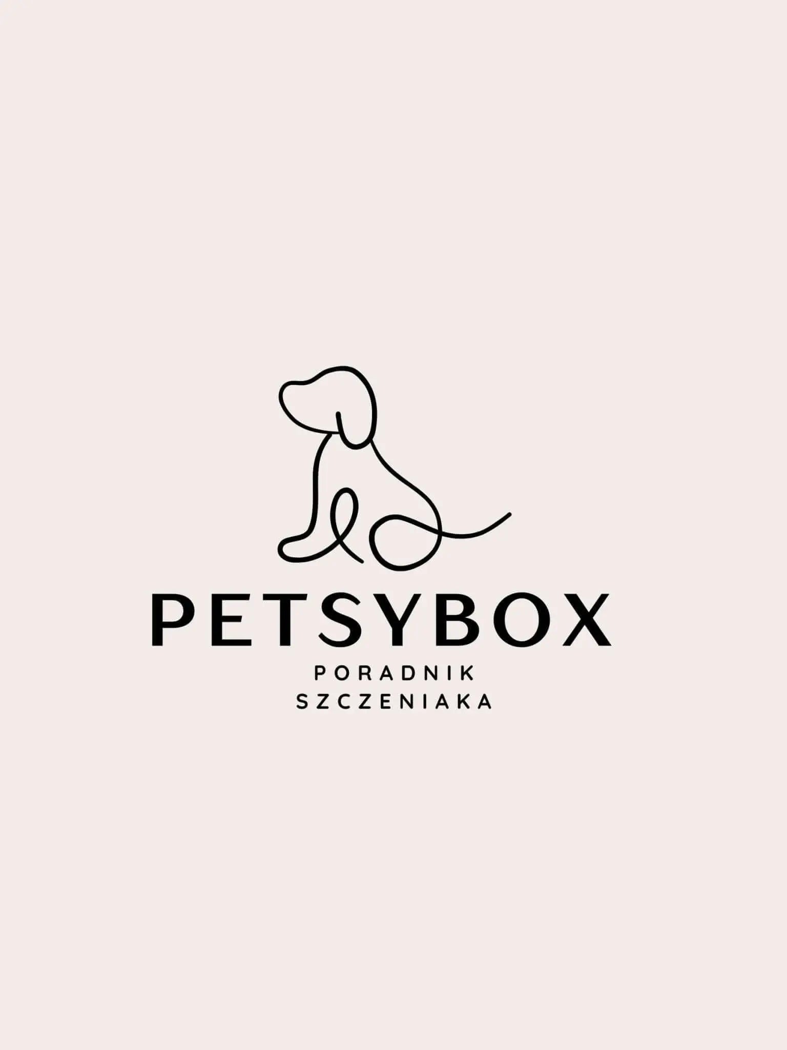Logo Petsybox z minimalistycznym zarysem psa i napisem "Poradnik Szczeniaka" na beżowym tle.