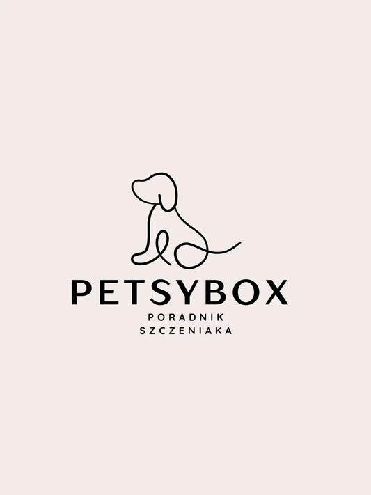 Logo Petsybox z minimalistycznym zarysem psa i napisem "Poradnik Szczeniaka" na beżowym tle.