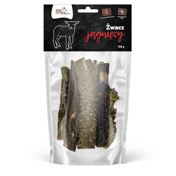 Opakowanie Syta Micha suszone żwacze jagnięce 120g, naturalny gryzak dla psa, widoczne kawałki w przezroczystej torebce.