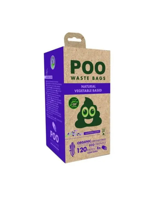Opakowanie woreczków na psie odchody z napisem "POO" i grafiką zielonej kupy, ekologiczne, lawendowe tło.