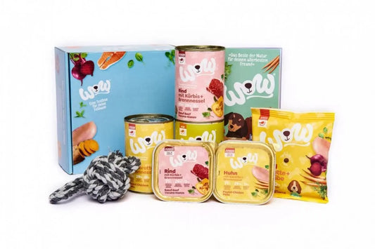 WOW BOX Junior dla szczeniąt z karmą w puszkach i psią zabawką na tle niebieskiego pudełka. Zawiera różne smaki karm dla psów.