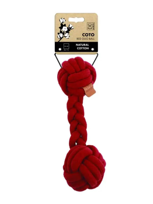 Czerwona zabawka dla psa COTO Duo Ball o średnicy 28 cm z naturalnej bawełny, idealna do zabawy i aportowania.