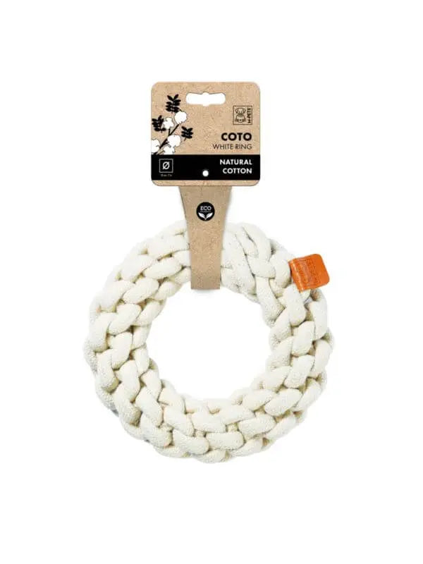 Biała naturalna bawełniana zabawka dla psów Coto Ring, średnica 13 cm, z metką "Natural Cotton".