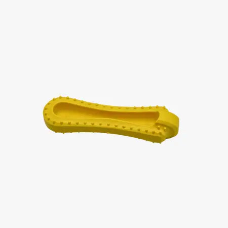 Żółta zabawka na przysmaki dla psów, rekreacyjna i trwała, wykonana z recyklingu, idealna dla szczeniaków; średnica 14,5 cm.