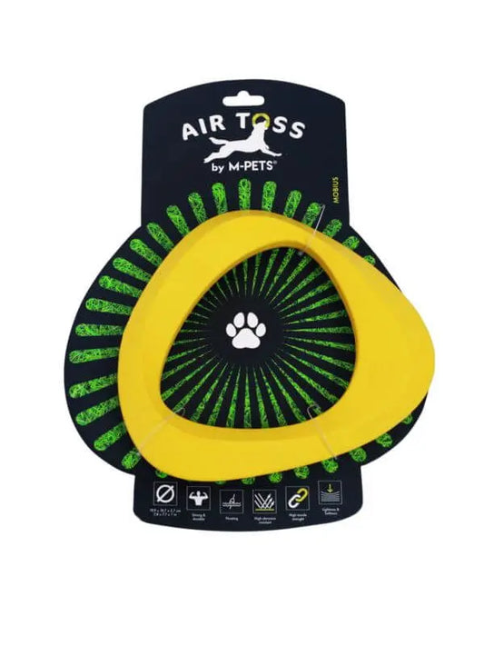 Zabawka pływająca Air Toss Mobius w żółtym kolorze na tle opakowania z logo M-Pets i wzorem zielono-czarnym.