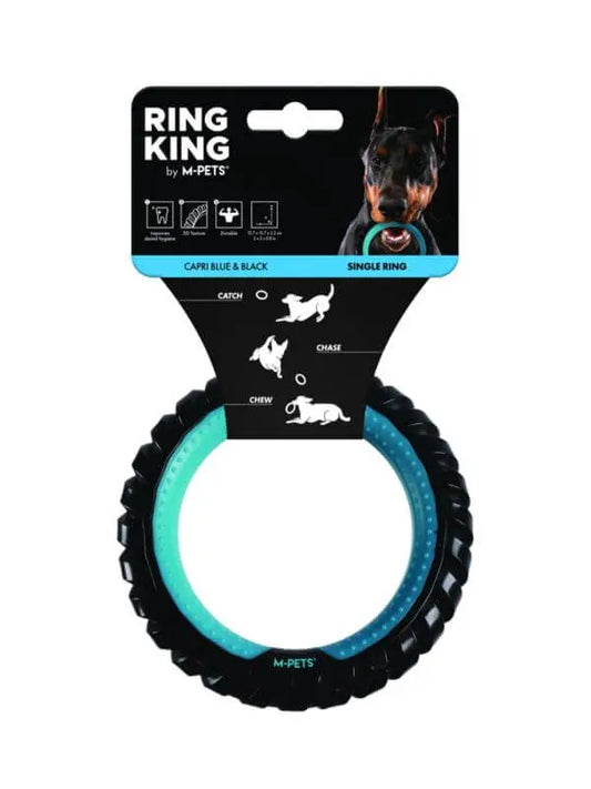 Zabawka dla psa RING KING M-Pets w kolorze niebiesko-czarnym, z etykietą wskazującą funkcje: łapanie, tropienie, żucie.